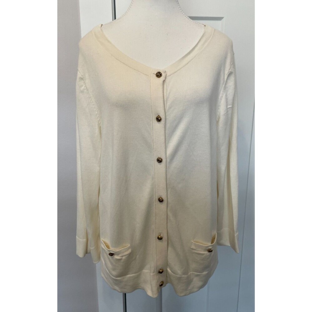 TALBOTS Womens Cardigan SWEATER 3/4 Sleeve IVORY w/ Brass Buttons Size XL